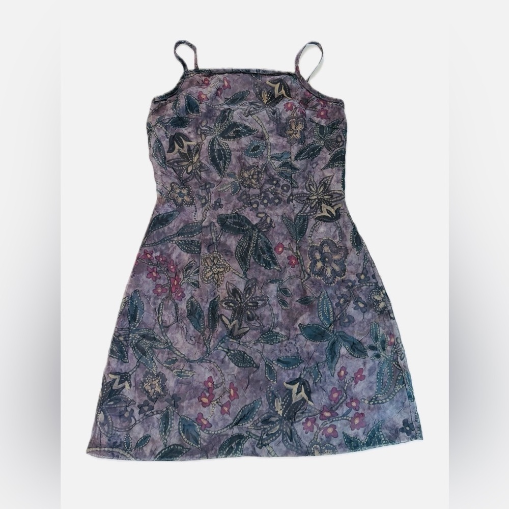 Vintage Byer Too! Purple Floral Crinkle Sheer Overlay Slip Mini Dress Juniors 9